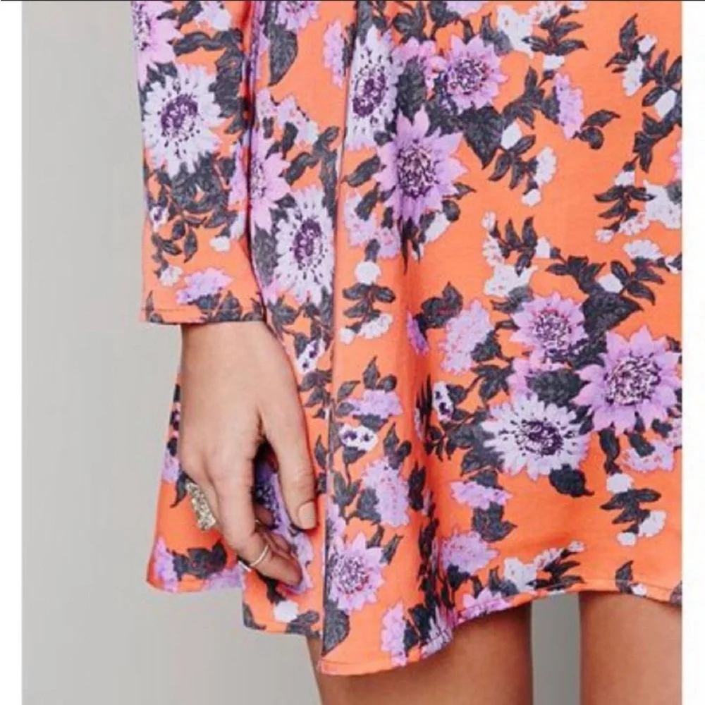 FREE PEOPLE Parker Floral Print Long Sleeve Boho Mini Dress Orange Sz 12 - Picture 12 of 13